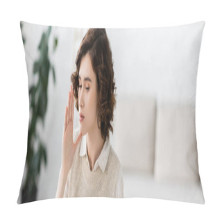 Personality  Brunette Curly Woman Showing Symbol Meaning Mother On Sign Language During Lesson At Home, Banner Pillow Covers