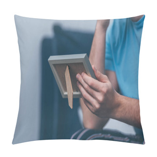 Personality  Cropped View Of Man Holding Photo Frame With Copy Space Pillow Covers
