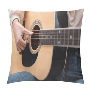 Personality  Close Up View Of Cropped Woman Playing Acoustic Guitar Pillow Covers