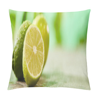 Personality  Panoramic Shot Of Whole And Cut Limes With Drops On Marble Surface  Pillow Covers