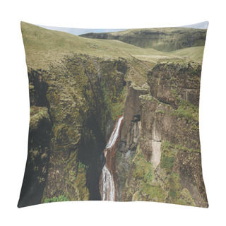 Personality  Scenic View Of River Flowing Down From Mountain With Sunlight In Fjadrargljufur Canyon In Iceland  Pillow Covers