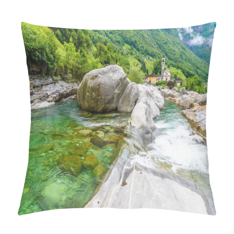Personality  View from Bridge Ponte dei Salti to Verzasca River at Lavertezzo - clear and turquoise water stream and rocks in Ticino - Valle Verzasca - Valley in Tessin, Switzerland pillow covers