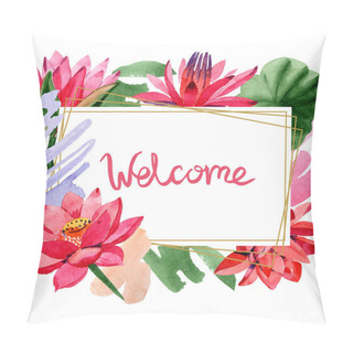 Personality  Red Lotus Flowers. Welcome Handwriting Monogram Calligraphy. Watercolor Background Illustration. Frame Golden Square. Hand Drawn In Aquarell. Geometric Polygon Crystal Shape. Pillow Covers