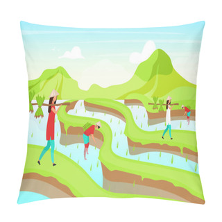Personality  Rice Plantation Flat Vector Illustration. Indonesian Workers. Food Plants. Asian Farming. Hard Working Women Cartoon Characters. Thailand Traditional Agricultutre. Rice Fields Background Pillow Covers
