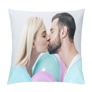 Personality  Beautiful Couple Kissing Near Balloons Isolated On White Pillow Covers