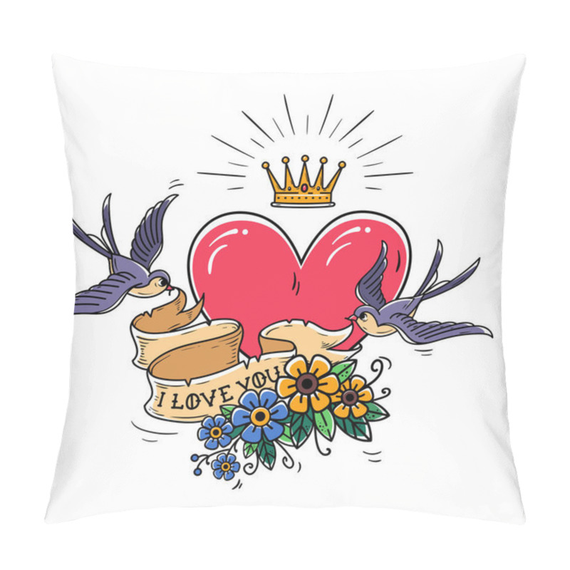 Personality  Holiday illustration with pink heart and gold crown. Swallows fly and hold ribbon decorated with flowers. I love you pillow covers