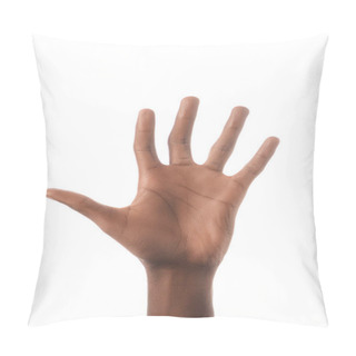 Personality  Partial View Of African American Man Showing Number 5 In Sign Language Isolated On White Pillow Covers
