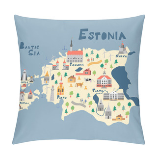 Personality  Illustration Map Of Estonia With Nature, Animals And Landmarks. Pillow Covers