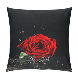Personality  A Close-up Photograph Of A Deep Red Blossoming Rose Covered In Droplets Of Water In Front Of A Black Background Witch Copy Space. Pillow Covers