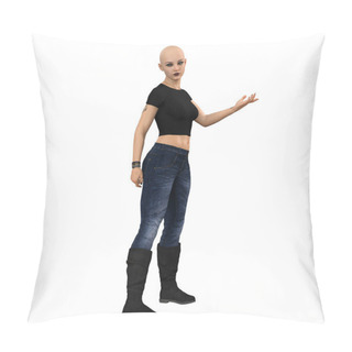 Personality  Contemporary Woman In Jeans With Long Red Windblown Hair On Isolated White Background, 3D Rendering, 3D Illustration Pillow Covers