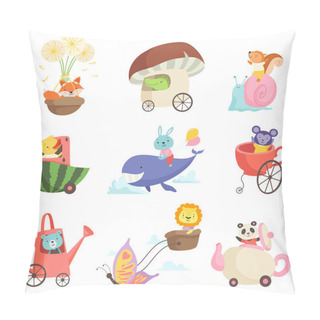 Personality  Cute Baby Animals In Transport Set, Fox, Crocodile, Squirrel, Chicken, Bunny, Bear, Lion, Monkey, Panda Bear Riding, Flying And Swimming By Fantastic Transport Vector Illustration Pillow Covers