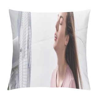 Personality  Beautiful Woman Feeling Comfortable With Electric Fan During Summer Heat, Website Header Pillow Covers