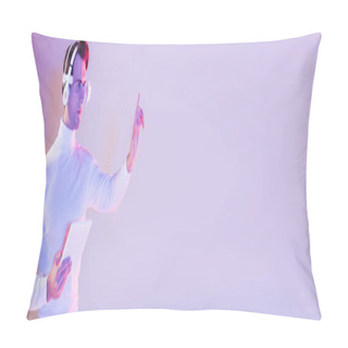 Personality  Cyborg Man In Headphones Using Something While Holding Digital Tablet On Purple Background, Banner Pillow Covers