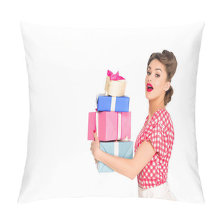 Personality  Side View Of Beautiful Woman In Retro Clothing Holding Wrapped Presents Isolated On White Pillow Covers