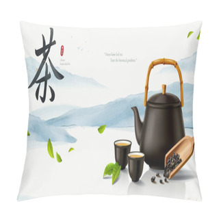 Personality  Black Ceramic Teapot, Cups And Wooden Tea Scoop On Shiny Surface With Green Leaves Flying Through Mountain Landscape Background, 3d Illustration Pillow Covers