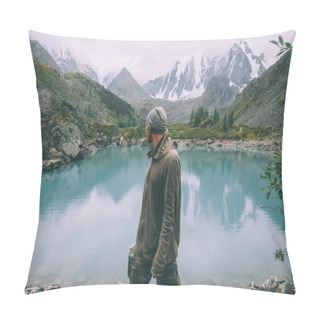 Personality  Side View Of Man Looking At Majestic Calm Mountain Lake In Altai, Russia Pillow Covers