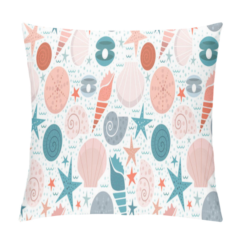 Personality  Marine Print With Seashells And Beautiful Underwater Mollusks. Decorative Pattern With Pink And Orange Color Stylized Shells And Starfishes. Lovely Endless Background On White. Sea Design For Textile. Pillow Covers