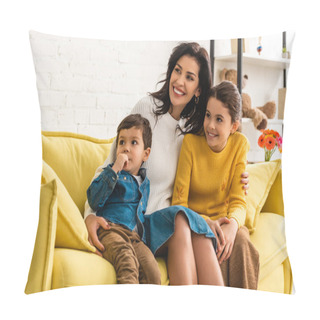 Personality  Happy Mother With Son And Daughter Smiling And Looking Away While Sitting On Yellow Sofa On Mothers Day Pillow Covers