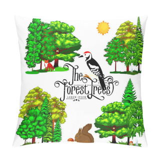 Personality  Summer Green Forest Tree Isolated On White Background. Cartoon Vector Set Trees In Outdoor Park. Pillow Covers