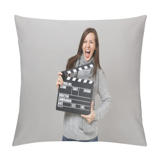 Personality  Crazy Young Woman In Gray Sweater, Scarf Screaming, Holding Classic Black Film Making Clapperboard Isolated On Grey Background. Healthy Fashion Lifestyle, People Sincere Emotions, Cold Season Concept Pillow Covers