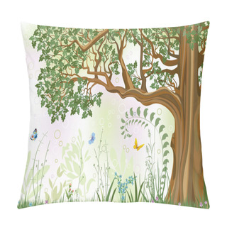 Personality  Summer Background With Oak Tree In A Meadow - Vector Illustration Pillow Covers