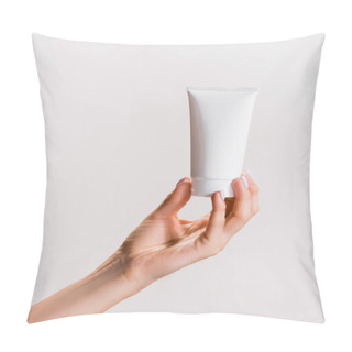 Personality  Cropped View Of Woman Holding Tube Of Hand Cream Isolated On Grey Pillow Covers