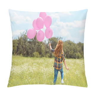 Personality  Back View Of Child With Pink Balloons Standing In Summer Field With Blue Sky On Background Pillow Covers