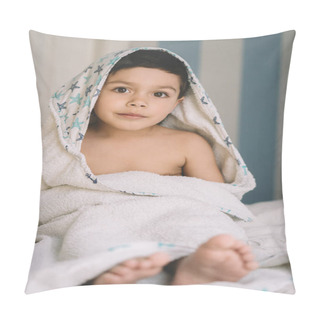 Personality  Selective Focus Of Cute, Smiling Boy, Wrapped In Hooded Towel, Looking At Camera While Sitting On Bed Pillow Covers