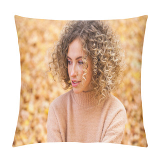 Personality  Hairstyle Curly Hair, Portrait Of A Young Beautiful Girl In An Autumn Park Pillow Covers