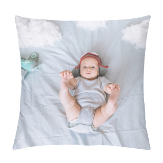 Personality  Top View Of Infant Child In Pilot Hat With Toy Plane Surrounded With Clouds Made Of Cotton In Bed Pillow Covers