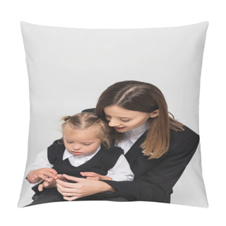 Personality  Cheerful Mother Touching Hand Of Child With Down Syndrome Isolated On Grey Pillow Covers