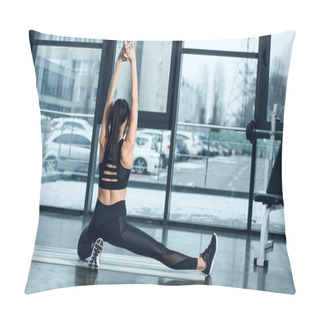 Personality  Back View Of Sporty Woman Stretching On Yoga Mat At Gym Pillow Covers