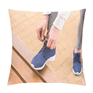 Personality  Cropped View Of Sportswoman Tying Shoelaces On Blue Sneakers Pillow Covers