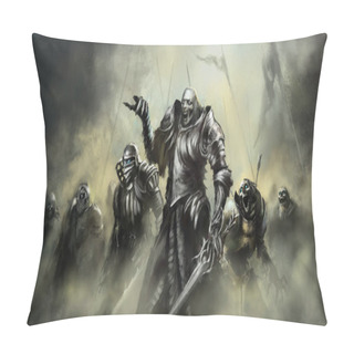 Personality  An Army Of Dead Zombies With Blue Eyes In Rusty Armor Goes To War, Some Of The Flesh Is Torn Off. Regular Drawing Style, 2D Illustration Pillow Covers