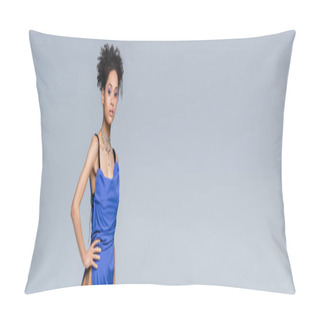 Personality  Elegant African American Woman In Bright Blue Dress Posing With Hand On Hip Isolated On Grey, Banner Pillow Covers