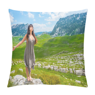 Personality  Beautiful Woman Standing With Closed Eyes And Open Arms On Stone In Valley In Durmitor Massif, Montenegro Pillow Covers