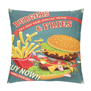 Personality  Vintage Burgers With Fries Set Poster Design Pillow Covers