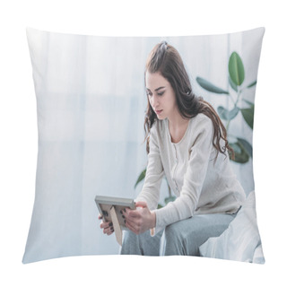 Personality  Grieving Woman Sitting On Bed And Holding Picture Frame At Home With Copy Space Pillow Covers