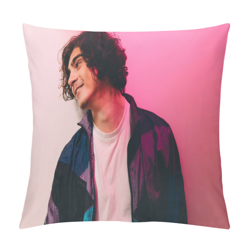 Personality  Side View Of Smiling Man Looking Away On Pink Background  Pillow Covers