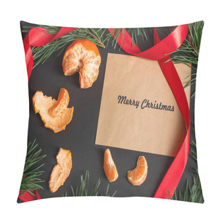 Personality  Top View Of Craft Paper With Merry Christmas Lettering Near Peeled Tangerines And Fir Branches On Black Pillow Covers