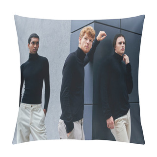 Personality  Three Handsome Young Men In Black Turtlenecks Posing With Wall On Backdrop, Fashion Concept Pillow Covers