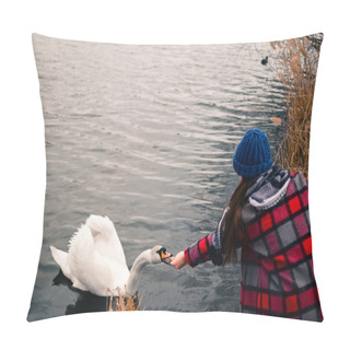 Personality  Young Girl With Her Cute Swan At The Lake.Girl Near The Lake.Girl Feeding A Swan.Woman Feeding A White Swan.Caring For Animals.Feeding Animals.Helping Nature And Animals.Lonely Swan.Beautiful Nature.Lake In Kharkov.Ukraine.Human Kindness.walk. Pillow Covers