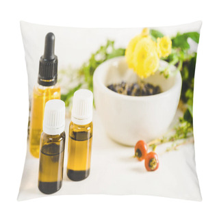 Personality  Bottles Of Essential Oils And Herbs On White Surface Pillow Covers