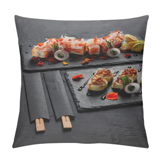 Personality  Delicious Fresh Sushi Rolls On Slate Boards And Chopsticks Pillow Covers