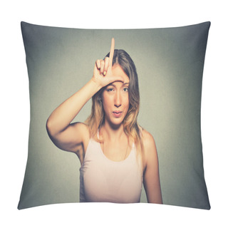 Personality  Unhappy Woman Giving Loser Sign On Forehead, Looking At You, Disgust On Face  Pillow Covers
