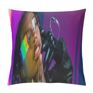 Personality  African American Woman In Cyber Glove And Smart Glasses Looking At Camera On Colorful Background, Banner   Pillow Covers