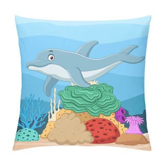 Personality  Vector Illustration Of Cartoon Dolphin With Corals In Underwater World Pillow Covers