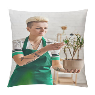 Personality  Eco-conscious Mindset, Positive And Tattooed Woman In Green Apron Touching Exotic Plant In Flowerpot While Standing In Modern Living Room, Sustainable Home Decor And Green Living Concept Pillow Covers