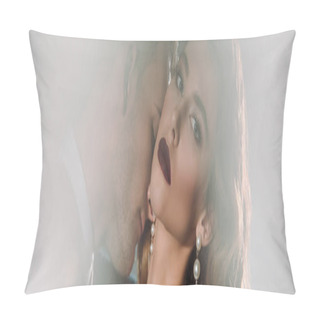 Personality  Panoramic Shot Of Attractive Woman Looking At Camera Near Handsome Gangster On White  Pillow Covers