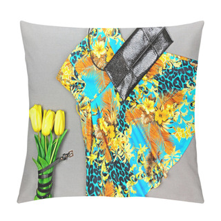 Personality  Dress With Floral Print, Yellow Tulips And Black Clutch On Gray  Pillow Covers